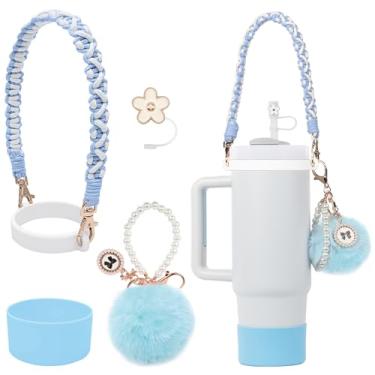 Imagem de Conjunto de acessórios Stanley Cup - Corrente de pérola pompom design trançado alça de garrafa de água, bota Stanley Cup de silicone, pingentes para máquina de lavar 30/1,134 g (azul)
