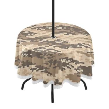 Imagem de Qilmy Desert Camouflage Toalha de mesa redonda impermeável de 152 cm com orifício para guarda-chuva e zíper – Uso externo / interno resistente para pátio, churrascos, piqueniques, festas (serve para