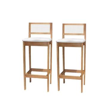 Imagem de Kit 2 Banqueta Alta de Madeira com Assento Estofado e Encosto em Palhi