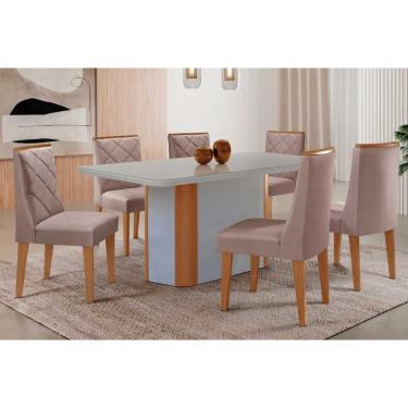Imagem de Sala Jantar Mesa Pietá Tampo c/ Vidro Curvo 180cm+6 Cadeiras Pietá Naturale/Off White - Linho Capuccino - Rufato