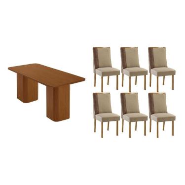 Imagem de Sala Jantar Mesa Maldivas Tampo Curvo 180cm+6 Cadeiras Tilia Madeira Naturale - Capuccino/Suede Creme - Rufato