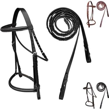 Imagem de Majestic Ally Freio inglês acolchoado elevado, couro premium, rédeas com cadarço combinando (preto, pônei)