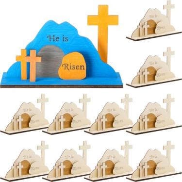 Imagem de Blueweenly Conjunto de 12 kits de artesanato de madeira DIY de Páscoa para crianças, artesanato religioso de Páscoa, cruzes para a Bíblia, arte de domingo, escola, decoração de festa, presente de