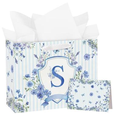 Imagem de WRAPAHOLIC Saco grande de presente de aniversário do alfabeto de 33 cm com cartão e papel de seda - Letra S e sacos de papel com emblema floral listrado azul para meninas, aniversário, chá de bebê