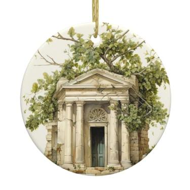 Imagem de Edifício antigo com ramo de oliveira romano e impressão grega de cerâmica de Natal pendurado redondo, pingentes de porcelana, decoração criativa de Natal