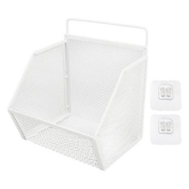 Imagem de Cesta de arame suspensa de metal adesivo, pequena cesta de armazenamento, organizador montado na parede para cozinha, banheiro, quarto, design de fio aberto resistente 13,2x10x15cm (Branca)