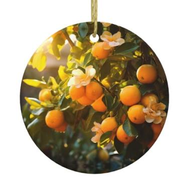 Imagem de Flor amarela e frutas laranjas 1 impressão de Natal de cerâmica pendurada redonda, pingentes de porcelana, decoração criativa de Natal