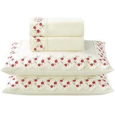 Imagem de Jogo Lençol Casal Flores Bordado 4pç 100% Poliéster - M_Verm