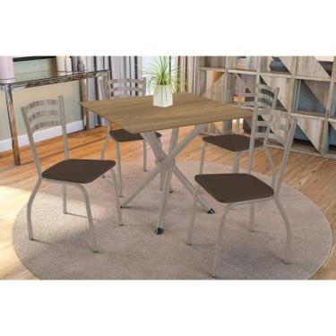 Imagem de Conjunto: Mesa Sala Jantar Volga C- Tampo De Madeira 90cm E 4 Cadeiras Portugal Niquel-nogueira - Marrom - Kappesberg