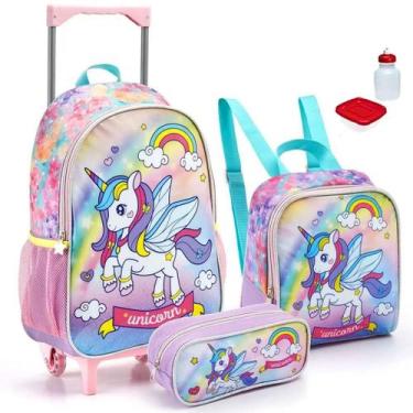 Imagem de Kit Mochila Infantil Unicórnio Troller Rodinhas Tam G Escolar Lancheir