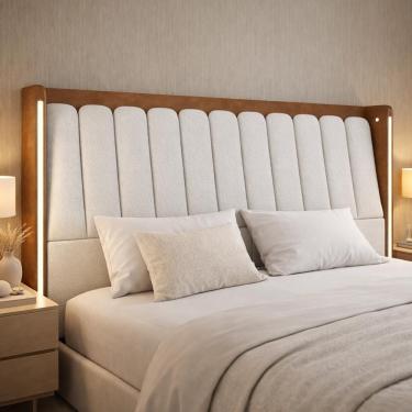 Imagem de Cabeceira Cama Box King Moan P05 Estofada com Led Fixação no Box Mdf Mdp Couríssimo Whisky Bouclê Cru Lyam Decor