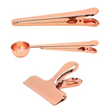 Imagem de Mimo Style Conjunto de Prendedores de Embalagens de Inox Cobre com 3 Peças, Incluindo Colher com Prendedor, Para Sacos e Embalagens Diversas, Kit de Utensílios Ideal para Sua Despensa e Cozinha