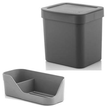 Imagem de Kit Cozinha Trium Organizador Pia Porta Detergente Esponja + Lixeira 4,7 Litros - Ou