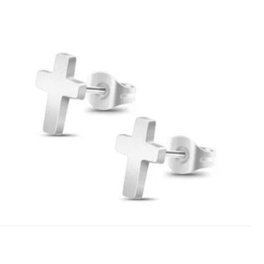Imagem de Brinco Feminino Masculino Cruz Folheado Prateado Par