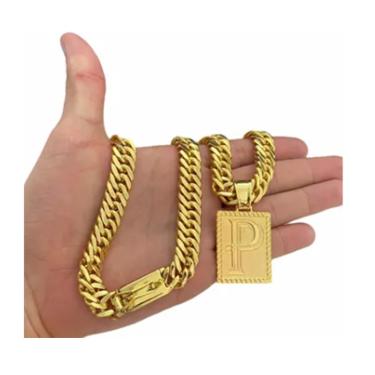 Imagem de Cordão 13 mm Grumet + Pingente Letra Banhado A Ouro 18k