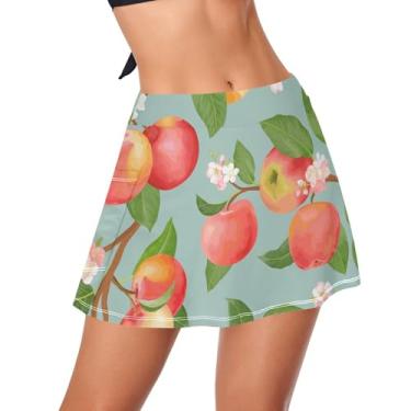 Imagem de KLL Saia franzida feminina outono verão fruta azul-petróleo com forro roupa de banho calcinha cintura alta saia de natação shorts, Flores de maçãs vermelhas, M