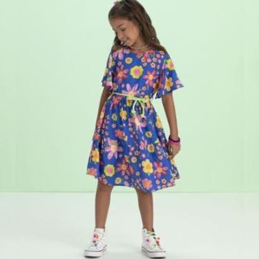 Imagem de Vestido Infantil Verão Viscose Com Cinto Flores Azul Tam 6 a 12 - Málagah-Feminino