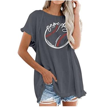 Imagem de Duobla Camiseta de beisebol feminina plus size estampada casual solta túnica camisetas grandes gola redonda 2024 moda primavera, A-5-cinza, XXG