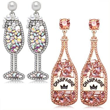 Imagem de 2 pares de brincos de garrafa de champanhe com strass de cristal para mulheres, brincos delicados de flauta de champanhe, festa, celebração, joias, presentes, Zinco, Strass