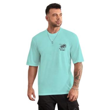 Imagem de Floerns Camisetas masculinas plus size estampa tropical manga curta verão gola redonda, Azul menta, 3G