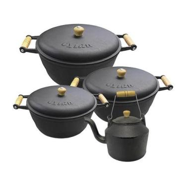 Imagem de Jogo De Caçarola Ferro Chaleira Panela Com Alça Madeira Nº 6 - Casa E 