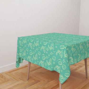 Imagem de Toalha De Mesa Quadrada 4 Lugares Tecido Oxford Coelhos e Ovos Verde Á