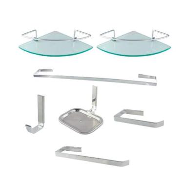 Imagem de Kit Acessórios Para Banheiro Quadrado Aço Inox 5 Peças + 2 Porta Shamp