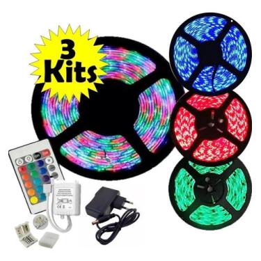 Imagem de Kit 3 Fita Led Ultra Rgb 3528w Prova D'agua Fonte Controle