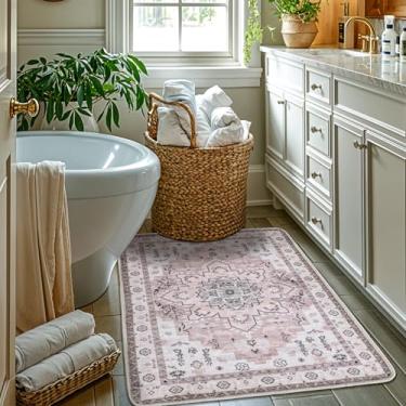Imagem de LBRO2M Tapete para entrada interna 2X3 lavável tapete design boho tapete de porta para cozinha banheiro antiderrapante tapetes de área para animais de estimação (2X3, rosa)