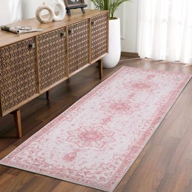 Imagem de Tapete passadeira rosa, lavável, antiderrapante tipo colmeia, lã sintética macia, para corredores, entrada, cozinha, lavanderia, quarto, 0,61 x 1,82 m