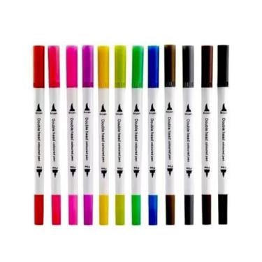 Imagem de Canetinha Ponta Dupla para Colorir Kit Estojo de Canetas Escolar Marcador Coloridas Permanente Duas Pontas Desenho Ponta Fina (12 CORES)