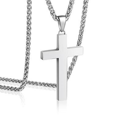 Imagem de P. BLAKE Colar com pingente de cruz de aço inoxidável para homens e meninos, pingente de cruz cristã com corrente de 40 a 61 cm, joias para presentes, 24 inches, Aço inoxidável, Sem Pedra Preciosa