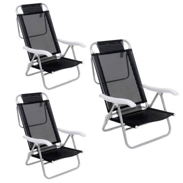 Imagem de Kit 3 Cadeira Reclinável Sunny 6 Posições Em Alumíno Para Praia Piscina Camping Preta - 063007 Belfix
