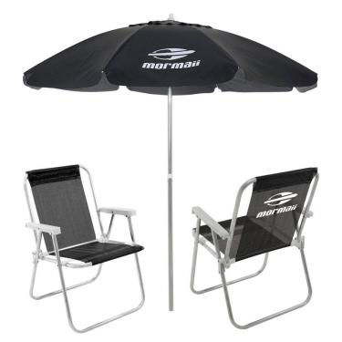Imagem de Kit 2 Cadeiras Alta Alumínio + Guarda Sol Bagum 2,4m Preto Mormaii - Belfix