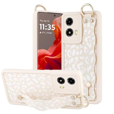 Imagem de OOK Capa de leopardo compatível com Moto G85 5G com alça de pulso, linda estampa de leopardo branco, capa de TPU fina para mulheres e meninas