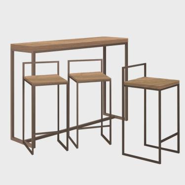 Imagem de Kit 3 Banquetas Lino + 1 Mesa Bancada Aparador Mavie 150cm Industrial Ferro Marrom 100% mdf Demolição - Ahazzo Móveis