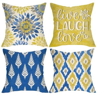 Imagem de Fjfz Capas de almofada decorativas de flor dália geométrica 45 x 45 conjunto de 4, Live Laugh Love varanda decoração de casa ao ar livre, folhas florais azuis amarelas arte moderna capa de almofada de