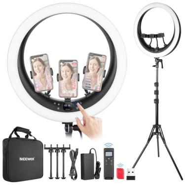 Imagem de NEEWER Anel de luz de 48 cm 2,4 G com suporte, 3 suportes de telefone, transmissor USB 2,4 G para controle remoto Mac/PC, painel tátil, regulação suave em 1%, 3200K-5600K para selfie TikTok Live