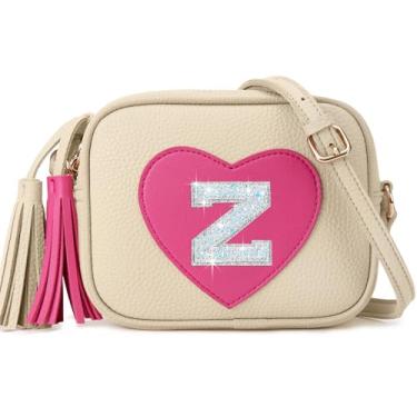 Imagem de OYLOLA Presentes de aniversário para meninas, inicial para meninas, bolsa infantil, bolsas infantis, presentes para meninas, bolsas de coração para meninas, Bege, Z
