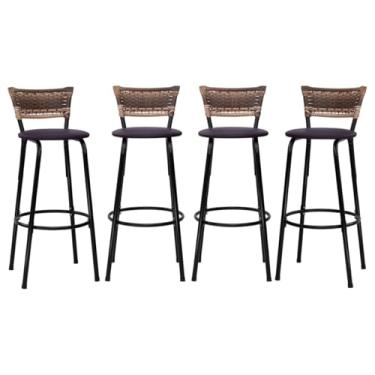 Imagem de Banqueta Altas Junco Cappuccino Estrutura Preta 70cm Para Balcão Cozinha, Bar, Bistrô, Americano Kit 04 Unidades - Itagold (Marrom Escuro)