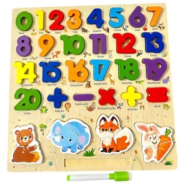 Imagem de Tabuleiro Educativo de Madeira Números e Animais Quebra-Cabeça Didático Infantil com Operações Matemáticas Lousa e CanetinhaEstilo Montessori