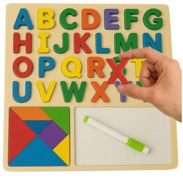 Imagem de Tabuleiro Educativo Infantil 3 em 1 de Madeira Alfabeto com Letras Removíve Tangram Colorido e Lousa com Canetinha Brinquedo Pedagógico a Partir de 3 Anos