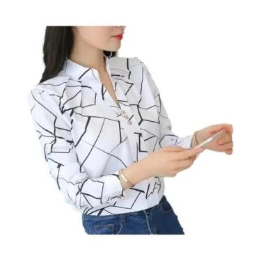 Imagem de Blusa Feminina Branca de Manga Comprida Listrada - Casual e Slim Fit p
