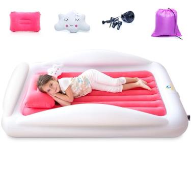 Imagem de Sleepah Cama de viagem inflável para crianças – Conjunto de colchão de ar para cama inflável e portátil – Colchão para explodir para crianças com trilhos de cama de alta segurança. O conjunto inclui bomba, capa, almofada e brinquedo de pelúcia (Coral)