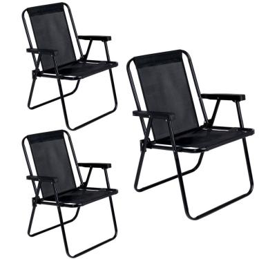 Imagem de Kit 3 Cadeiras de Praia Alta Dobrável Aço Preto 110Kg - 2059 Mor
