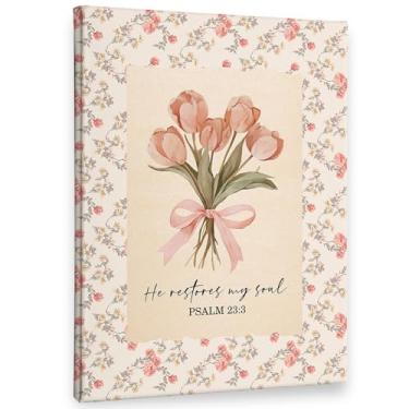 Imagem de PHAMTE Tela de decoração de parede floral cristã rosa, versículo bíblico salmo 23:3 imagens das escrituras decoração de parede, arte vintage tulipa floral emoldurada, arte para casa, quarto, igreja