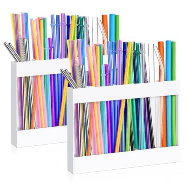 Imagem de 2 peças de suporte de canudo de acrílico para armário, organizador de canudo para armário com fita adesiva dupla face, recipiente de armazenamento para canudos reutilizáveis, dispensadores de canudos