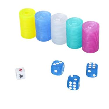 Imagem de GUSTARIA Moedas de pontuação de Mahjong coloridas de plástico, 100 fichas para jogos de Mahjong, 5 cores (vermelho, amarelo, verde, azul, branco) com 1 indicador e 3 dados