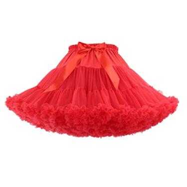 Imagem de XinChangShangMao Anágua feminina de chiffon com cintura elástica, saia tule, tutu, saia de tule princesa, balé, dança, anágua subsaia, Vermelho, Tamanho Único