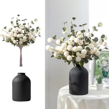 Imagem de BLOSMON Flores falsas em vaso para centros de mesa: vaso de metal com 12 hastes de mães artificiais flores kiku eucaliptos decoração de mesa para casa - pompons falsos brancos arranjos florais para